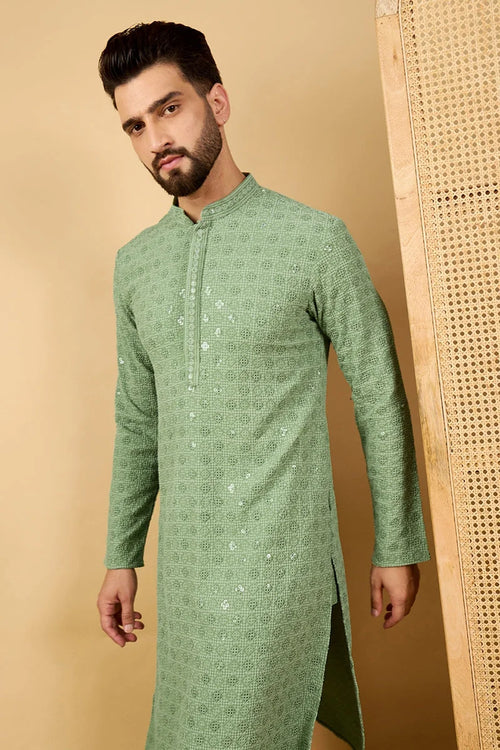 Green Viscose Rayon Solid Embroidered Straight Chikankari Kurta MKU1058