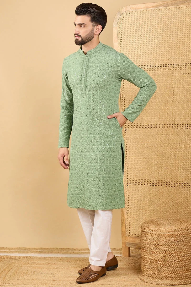 Green Viscose Rayon Solid Embroidered Straight Chikankari Kurta MKU1058