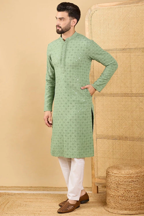 Green Viscose Rayon Solid Embroidered Straight Chikankari Kurta MKU1058
