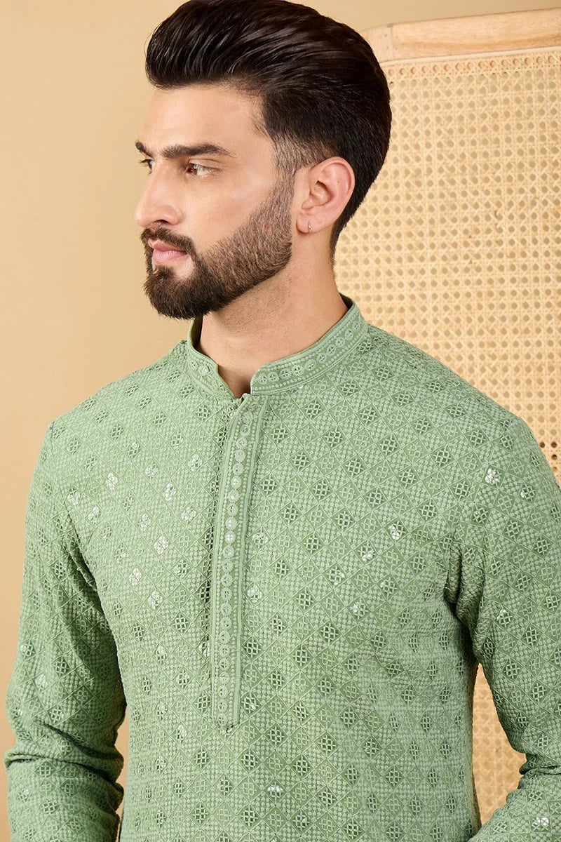 Green Viscose Rayon Solid Embroidered Straight Chikankari Kurta MKU1058