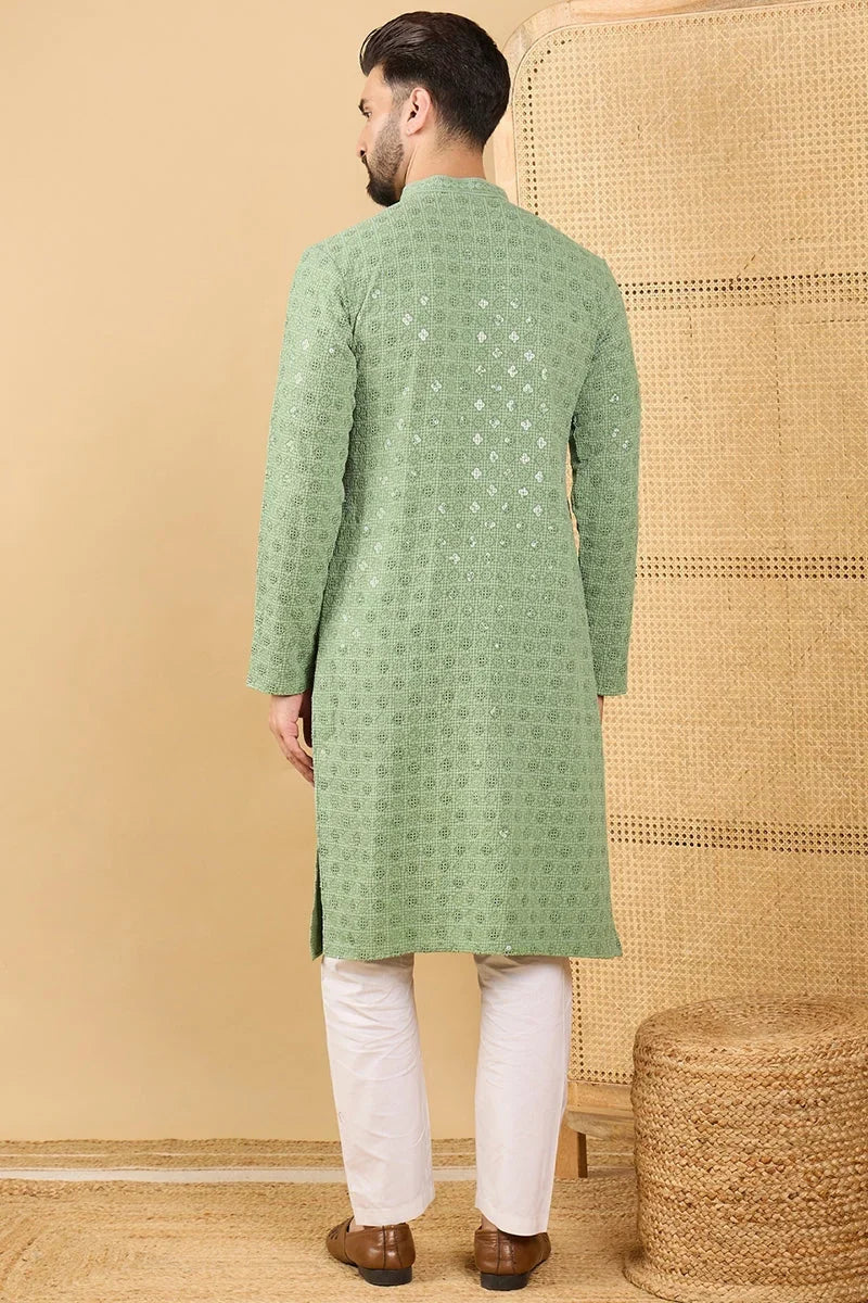 Green Viscose Rayon Solid Embroidered Straight Chikankari Kurta MKU1058