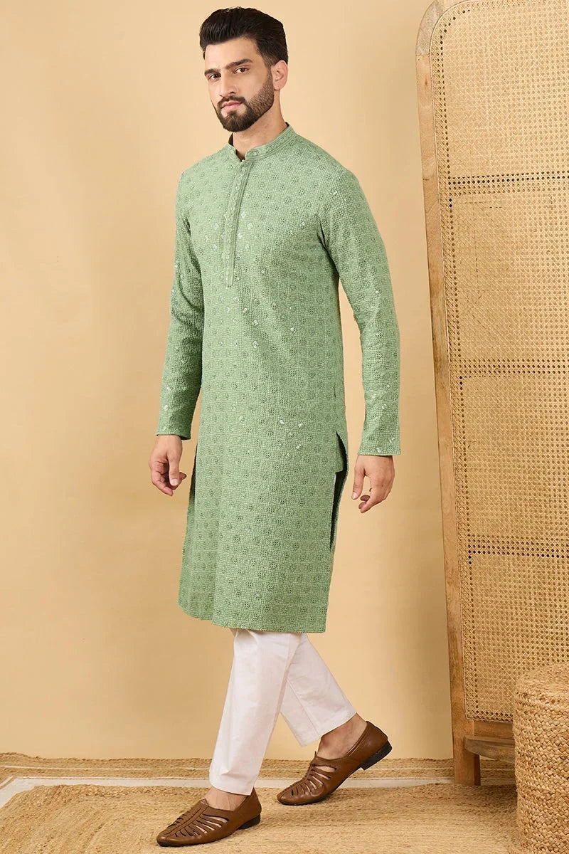 Green Viscose Rayon Solid Embroidered Straight Chikankari Kurta MKU1058