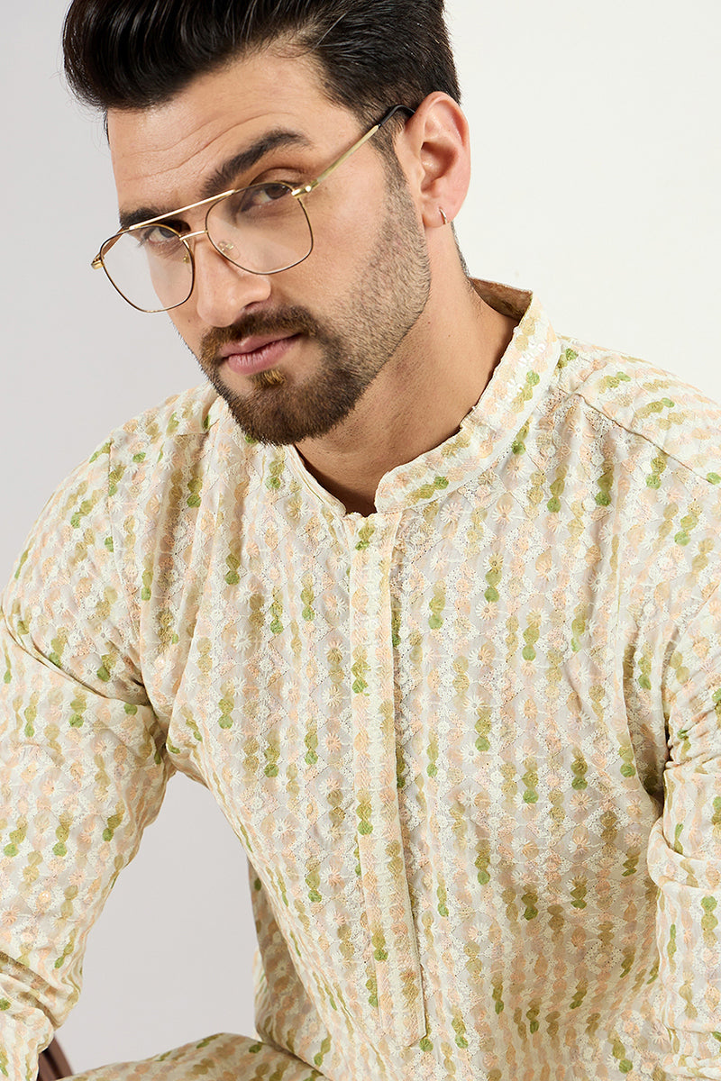 Men Cream Viscose Rayon Striped Embroidered Chikankari Straight Kurta MKU1072