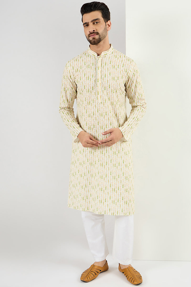 Men Cream Viscose Rayon Striped Embroidered Chikankari Straight Kurta MKU1072