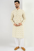 Men Cream Viscose Rayon Striped Embroidered Chikankari Straight Kurta MKU1072