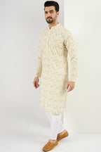 Men Cream Viscose Rayon Striped Embroidered Chikankari Straight Kurta MKU1072