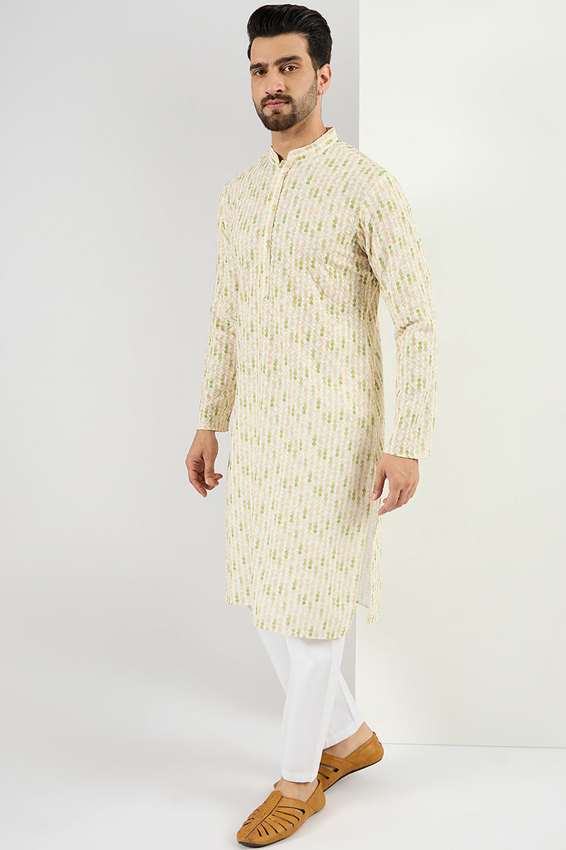 Men Cream Viscose Rayon Striped Embroidered Chikankari Straight Kurta MKU1072