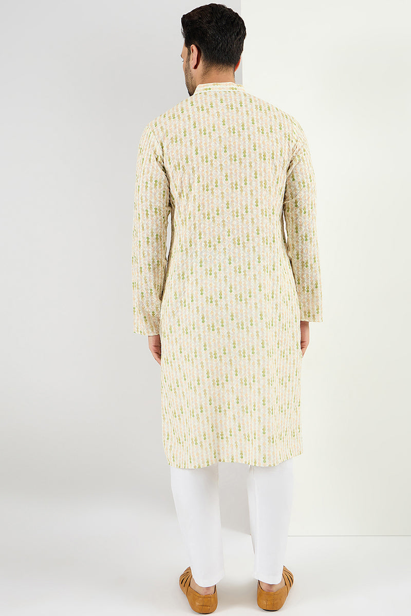 Men Cream Viscose Rayon Striped Embroidered Chikankari Straight Kurta MKU1072