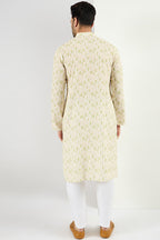 Men Cream Viscose Rayon Striped Embroidered Chikankari Straight Kurta MKU1072