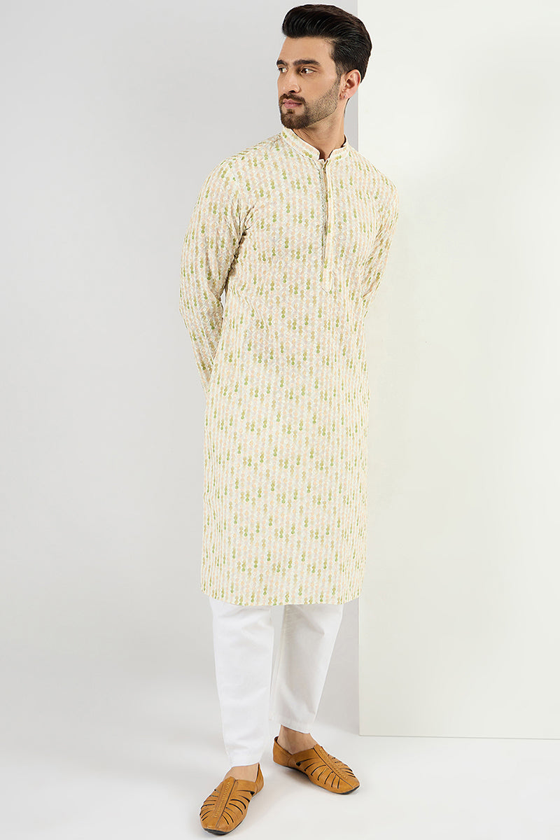 Men Cream Viscose Rayon Striped Embroidered Chikankari Straight Kurta MKU1072