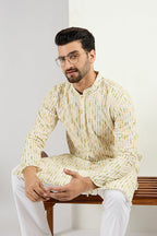 Men Cream Viscose Rayon Striped Embroidered Chikankari Straight Kurta MKU1072