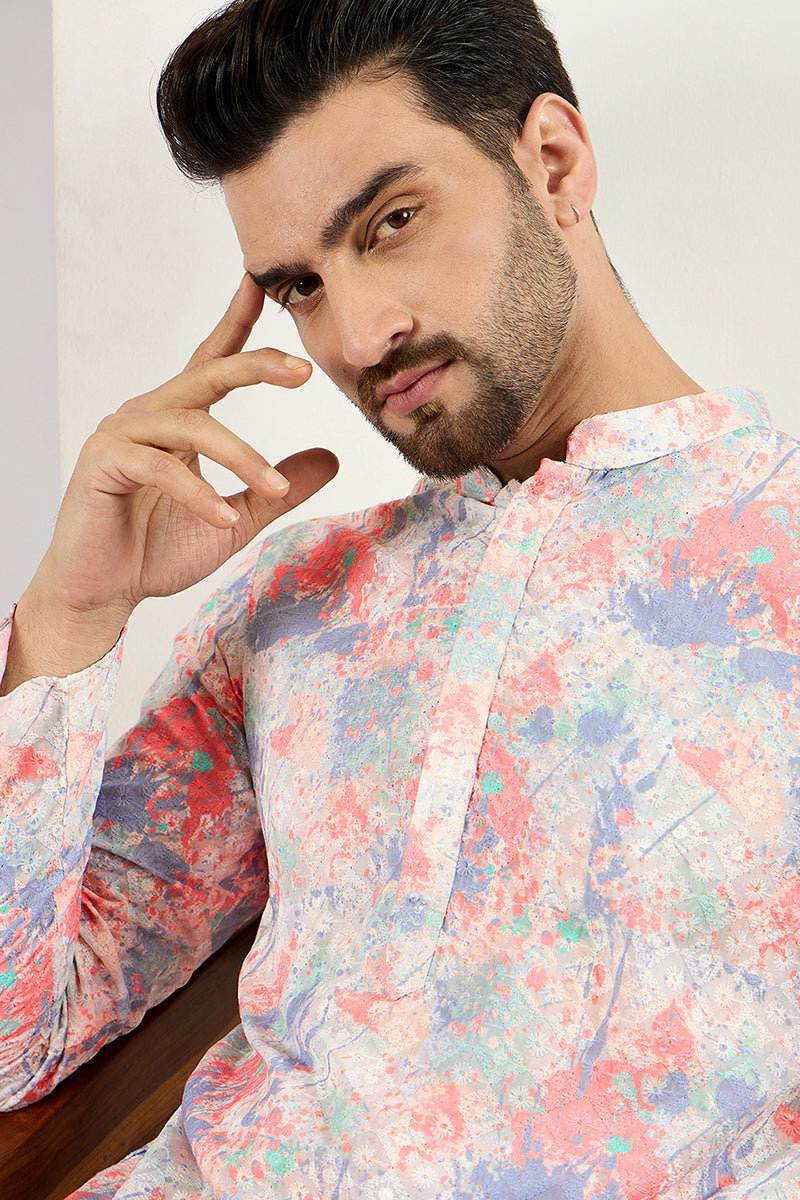 Men Off White Viscose Rayon Abstract Embroidered Chikankari Straight Kurta MKU1082