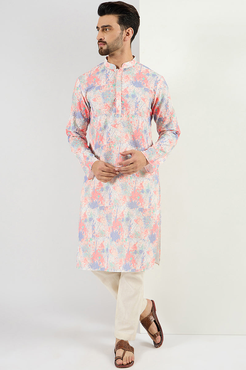 Men Off White Viscose Rayon Abstract Embroidered Chikankari Straight Kurta MKU1082