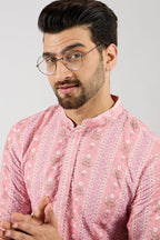 Men Peach Viscose Rayon Floral Embroidered Chikankari Straight Kurta MKU1084