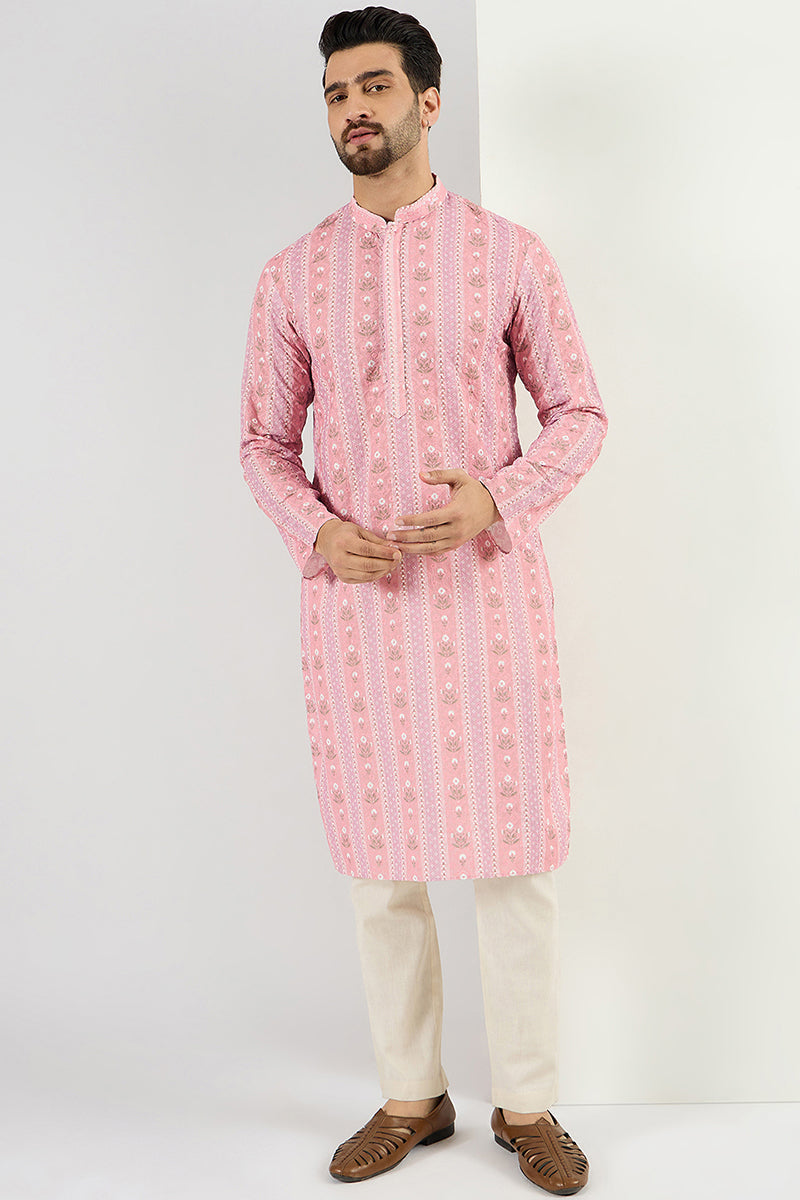 Men Peach Viscose Rayon Floral Embroidered Chikankari Straight Kurta MKU1084