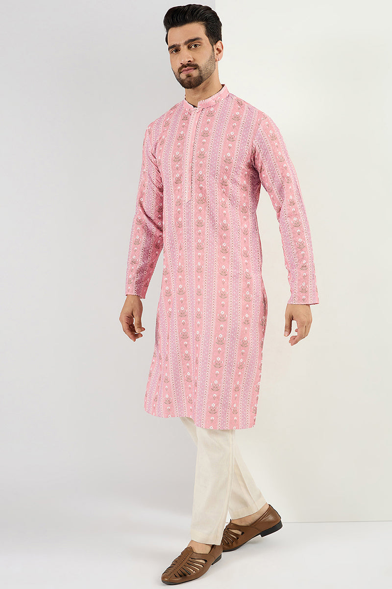 Men Peach Viscose Rayon Floral Embroidered Chikankari Straight Kurta MKU1084