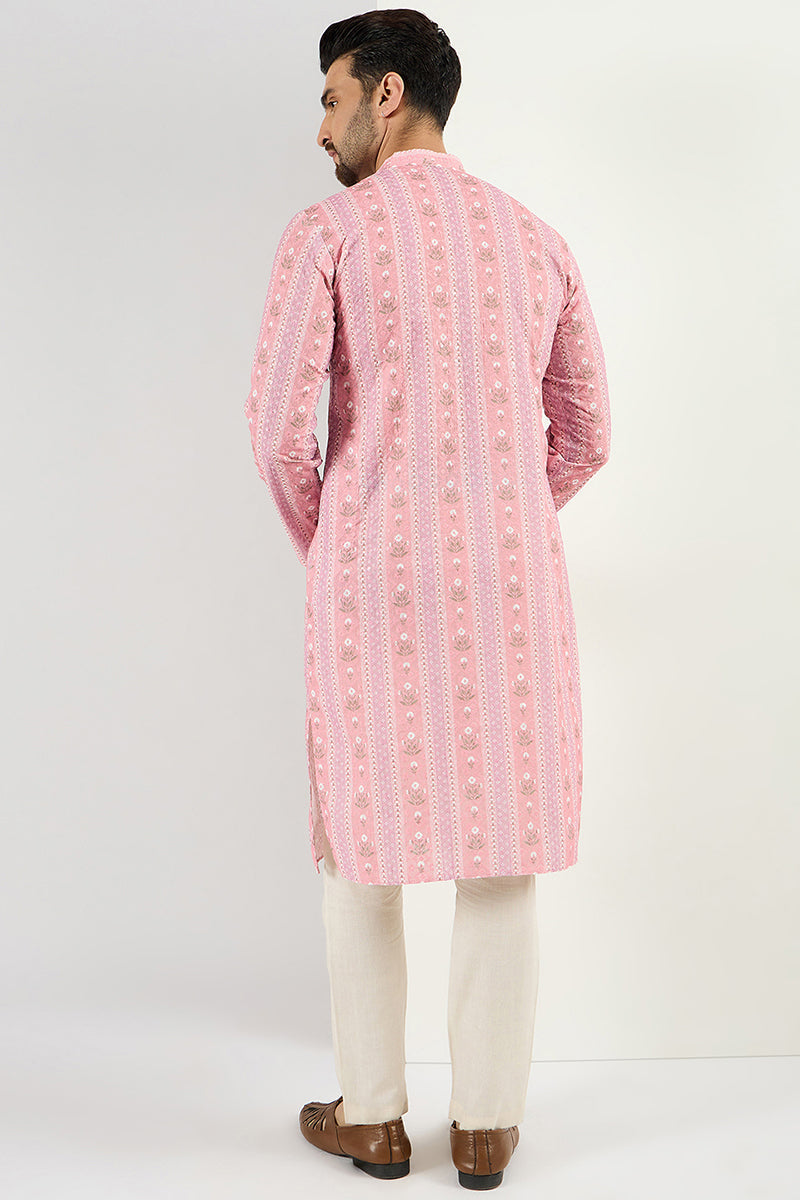 Men Peach Viscose Rayon Floral Embroidered Chikankari Straight Kurta MKU1084
