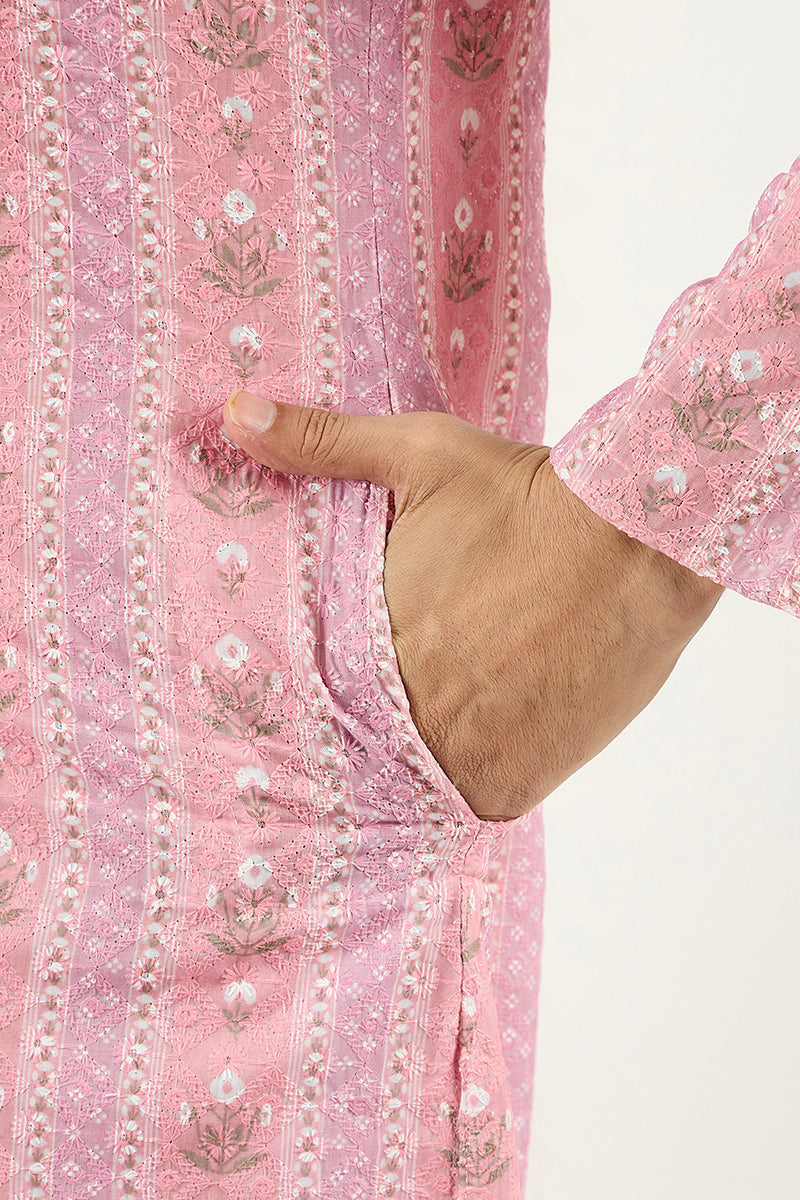 Men Peach Viscose Rayon Floral Embroidered Chikankari Straight Kurta MKU1084
