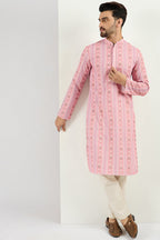 Men Peach Viscose Rayon Floral Embroidered Chikankari Straight Kurta MKU1084