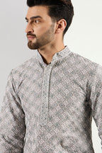 Men Grey Viscose Rayon Solid Embroidered Straight Kurta MKU1088