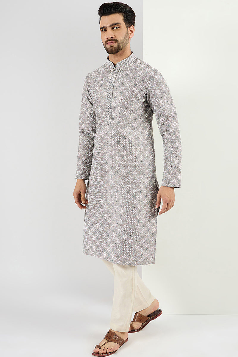 Men Grey Viscose Rayon Solid Embroidered Straight Kurta MKU1088