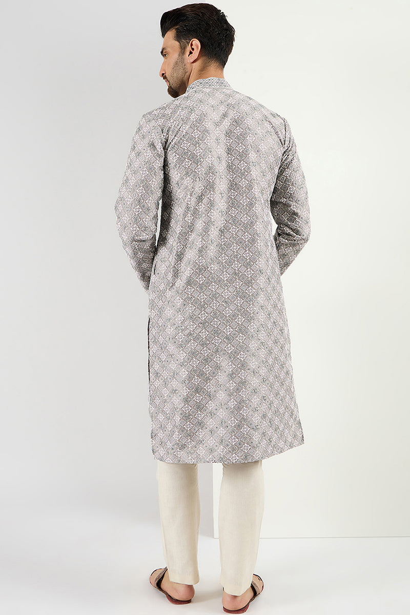 Men Grey Viscose Rayon Solid Embroidered Straight Kurta MKU1088