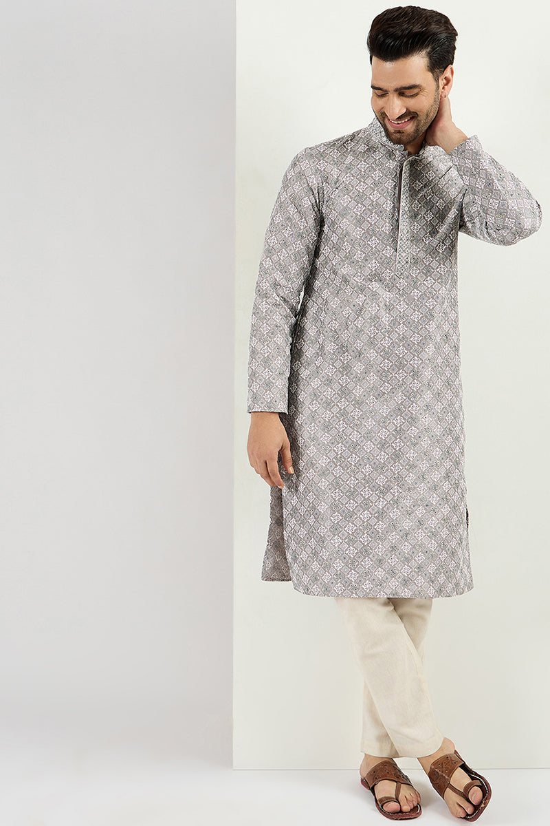 Men Grey Viscose Rayon Solid Embroidered Straight Kurta MKU1088