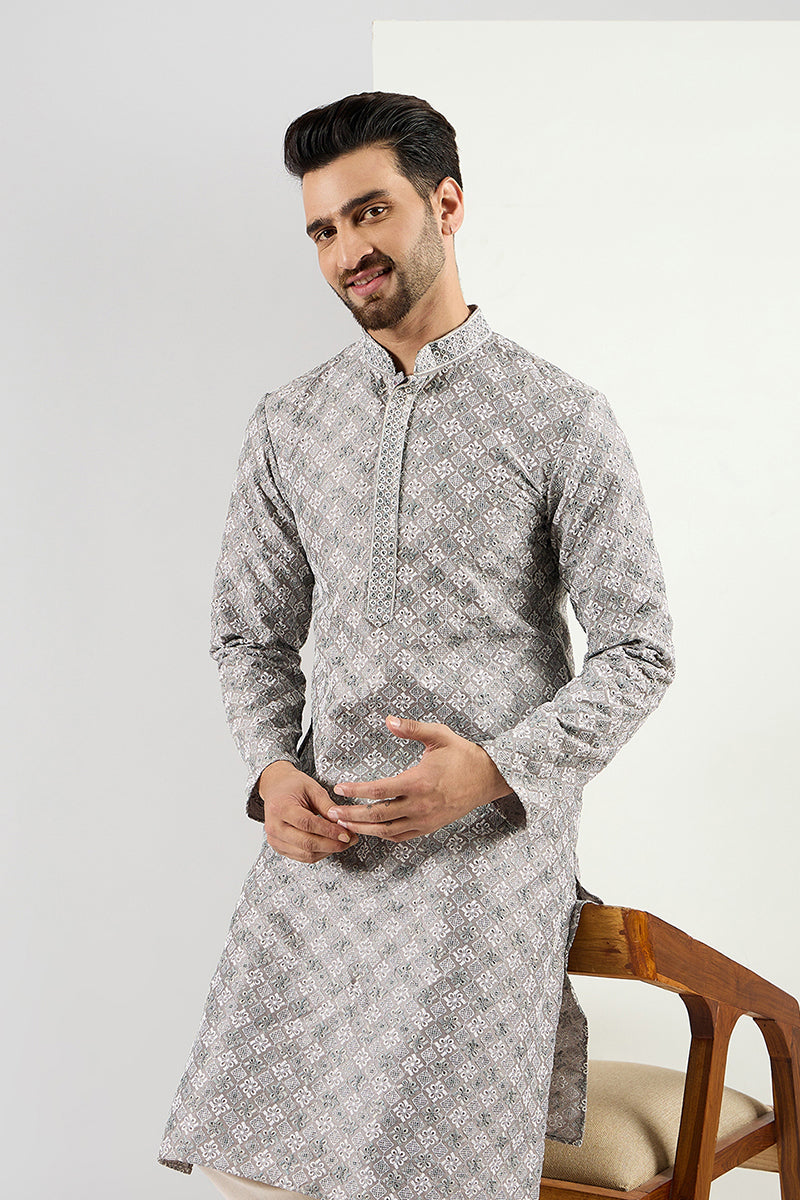 Men Grey Viscose Rayon Solid Embroidered Straight Kurta MKU1088