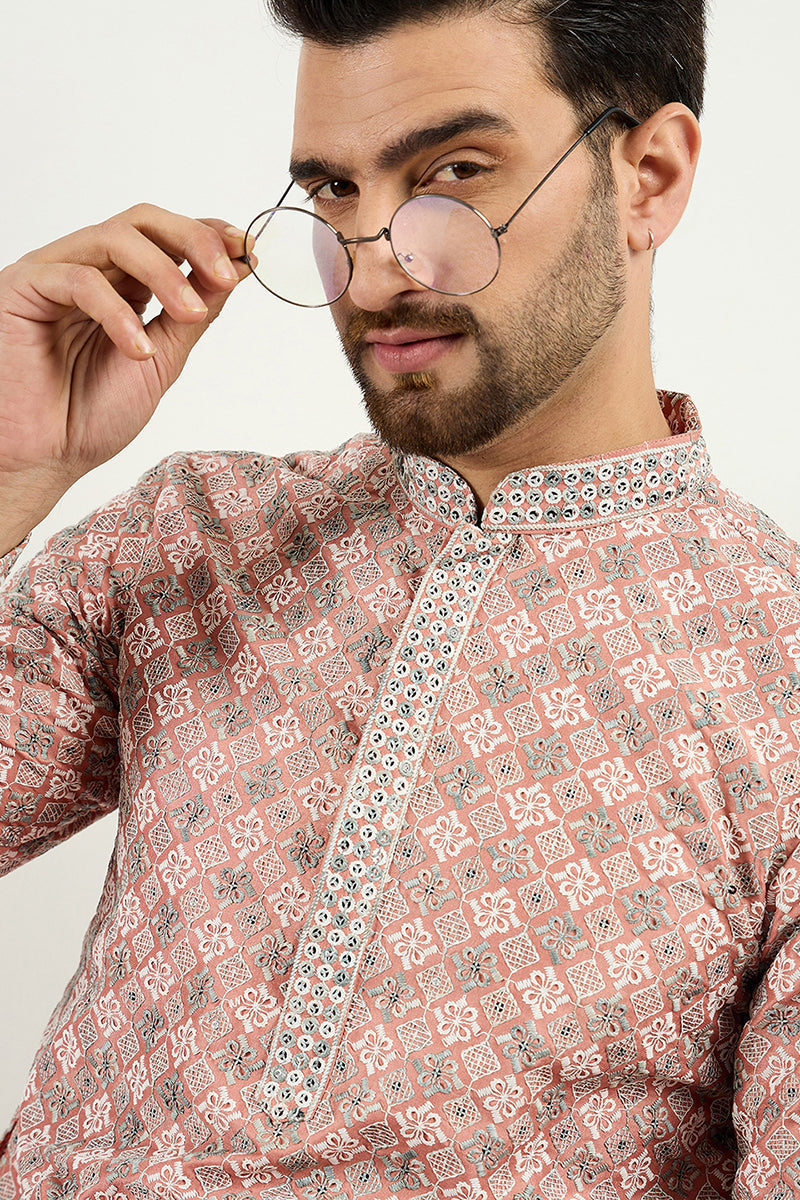Men Peach Viscose Rayon Solid Embroidered Chikankari Straight Kurta MKU1089