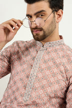 Men Peach Viscose Rayon Solid Embroidered Chikankari Straight Kurta MKU1089