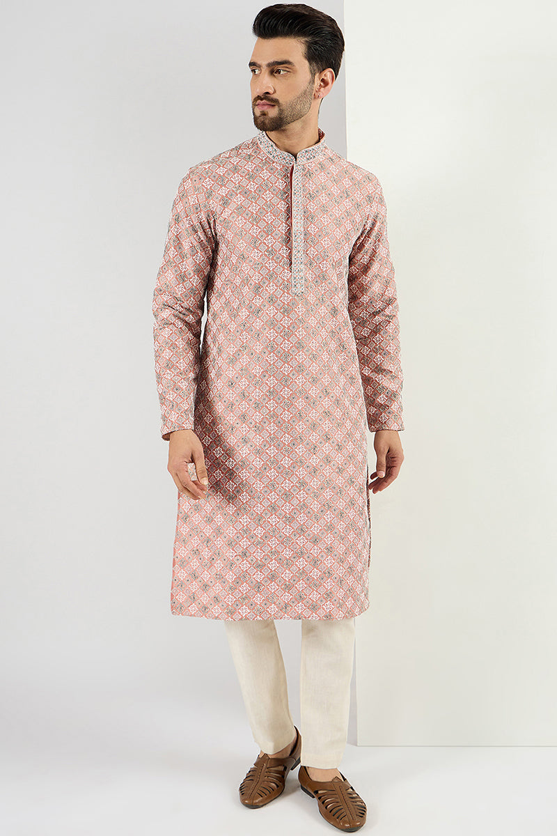Men Peach Viscose Rayon Solid Embroidered Chikankari Straight Kurta MKU1089