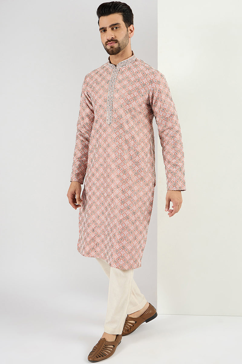 Men Peach Viscose Rayon Solid Embroidered Chikankari Straight Kurta MKU1089