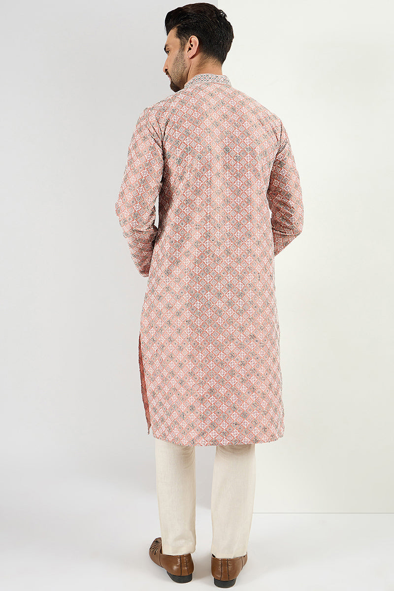 Men Peach Viscose Rayon Solid Embroidered Chikankari Straight Kurta MKU1089