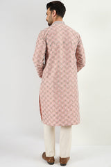 Men Peach Viscose Rayon Solid Embroidered Chikankari Straight Kurta MKU1089