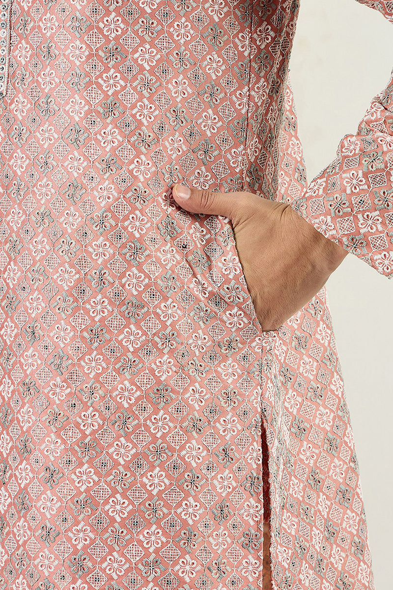 Men Peach Viscose Rayon Solid Embroidered Chikankari Straight Kurta MKU1089