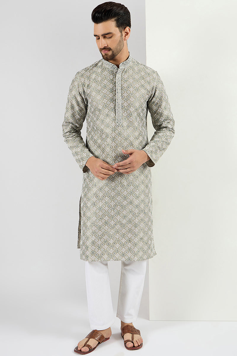 Men Green Viscose Rayon Solid Embroidered Chikankari Straight Kurta MKU1090