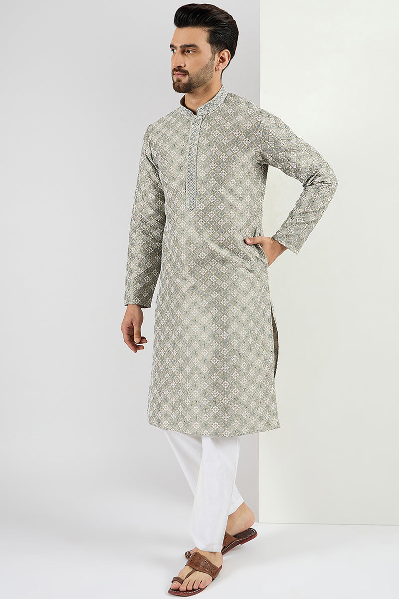 Men Green Viscose Rayon Solid Embroidered Chikankari Straight Kurta MKU1090