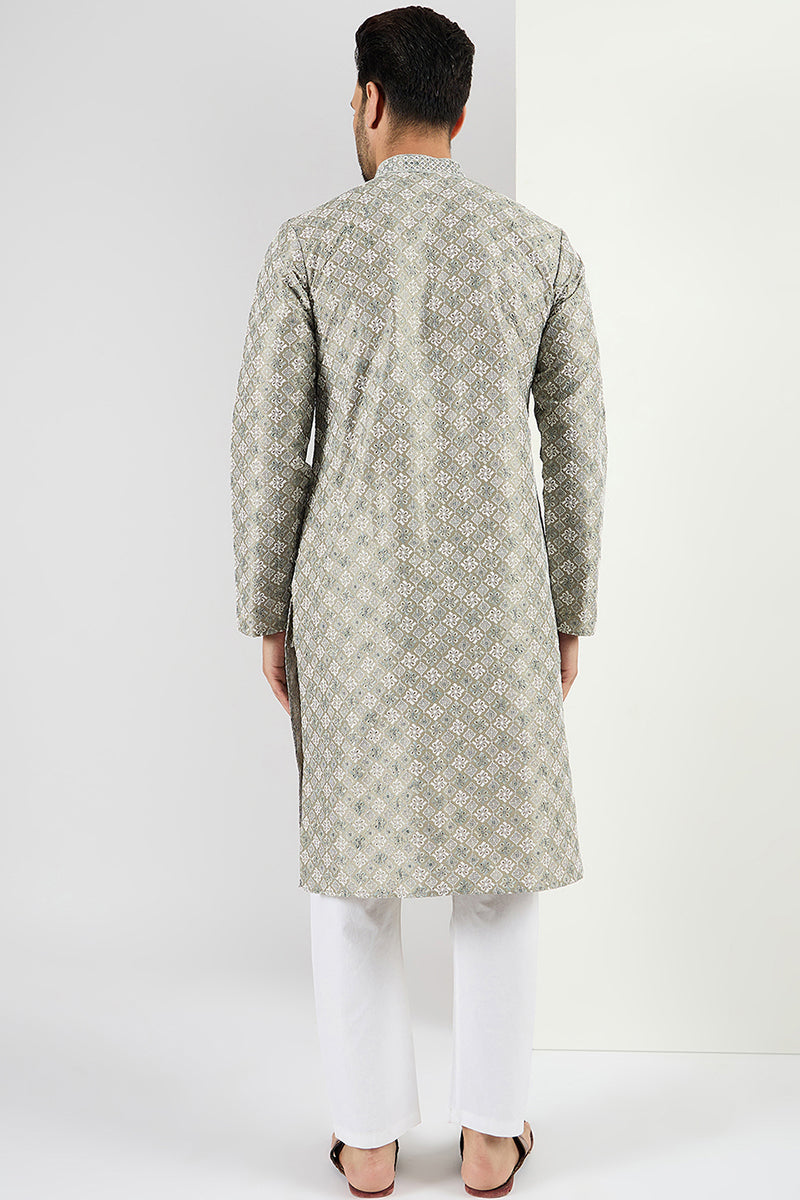 Men Green Viscose Rayon Solid Embroidered Chikankari Straight Kurta MKU1090