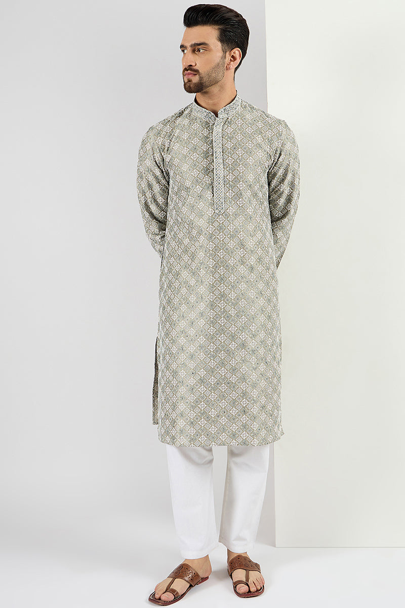 Men Green Viscose Rayon Solid Embroidered Chikankari Straight Kurta MKU1090