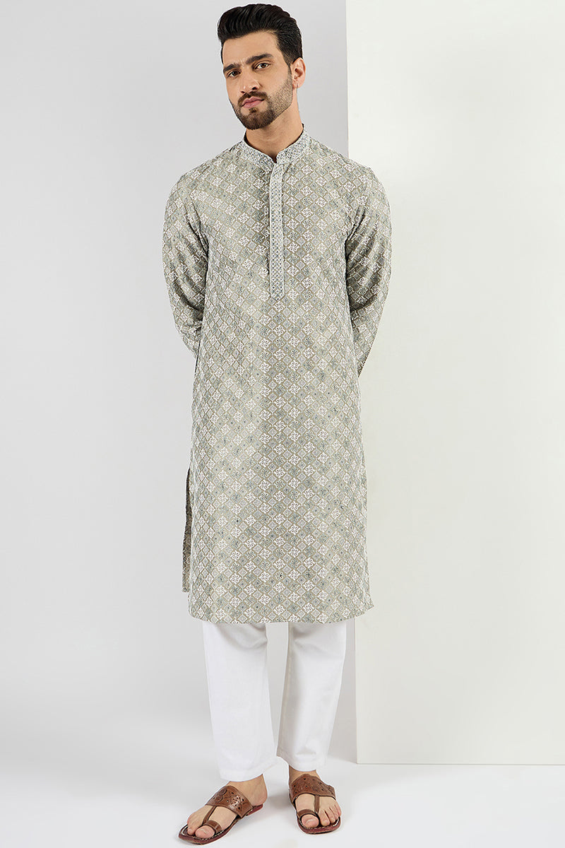 Men Green Viscose Rayon Solid Embroidered Chikankari Straight Kurta MKU1090