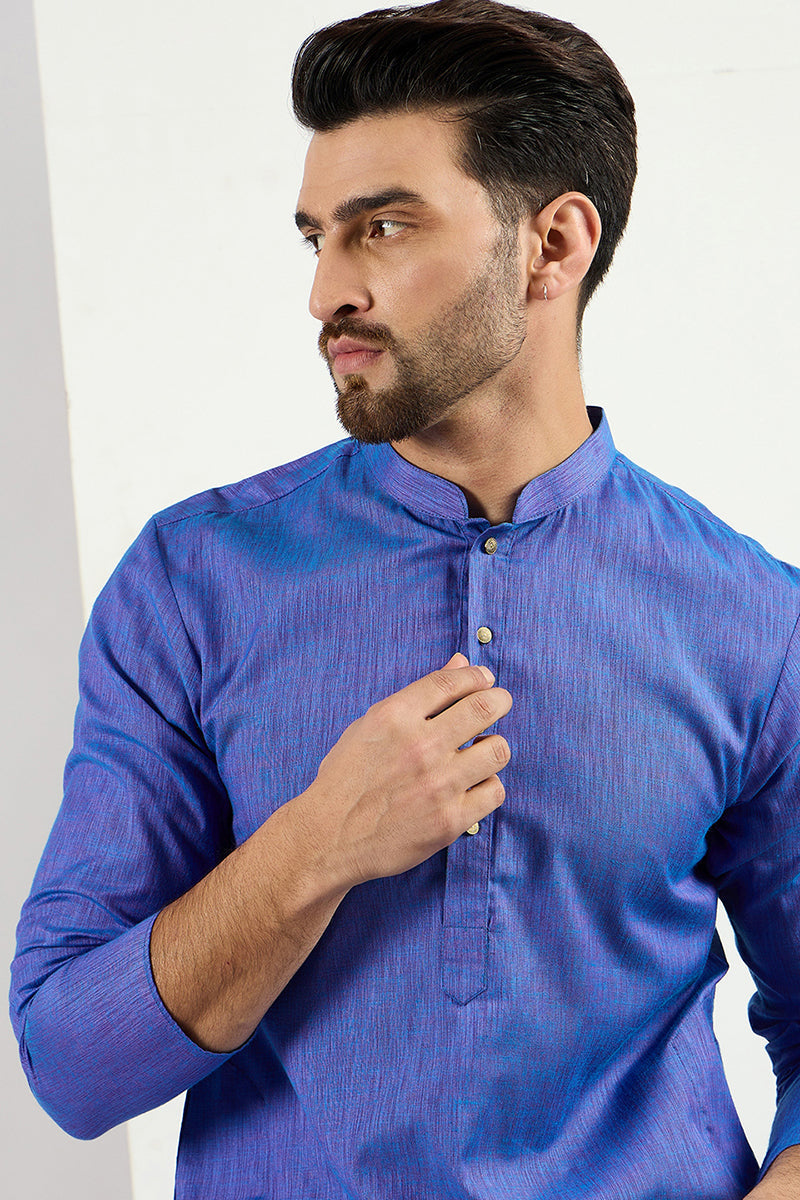 Men Blue Cotton Solid Woven Design Straight Kurta For Men MKU1093