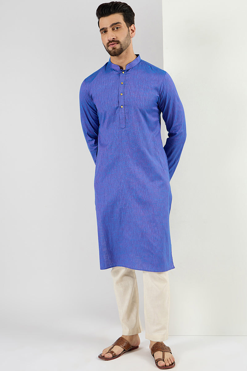 Men Blue Cotton Solid Woven Design Straight Kurta For Men MKU1093