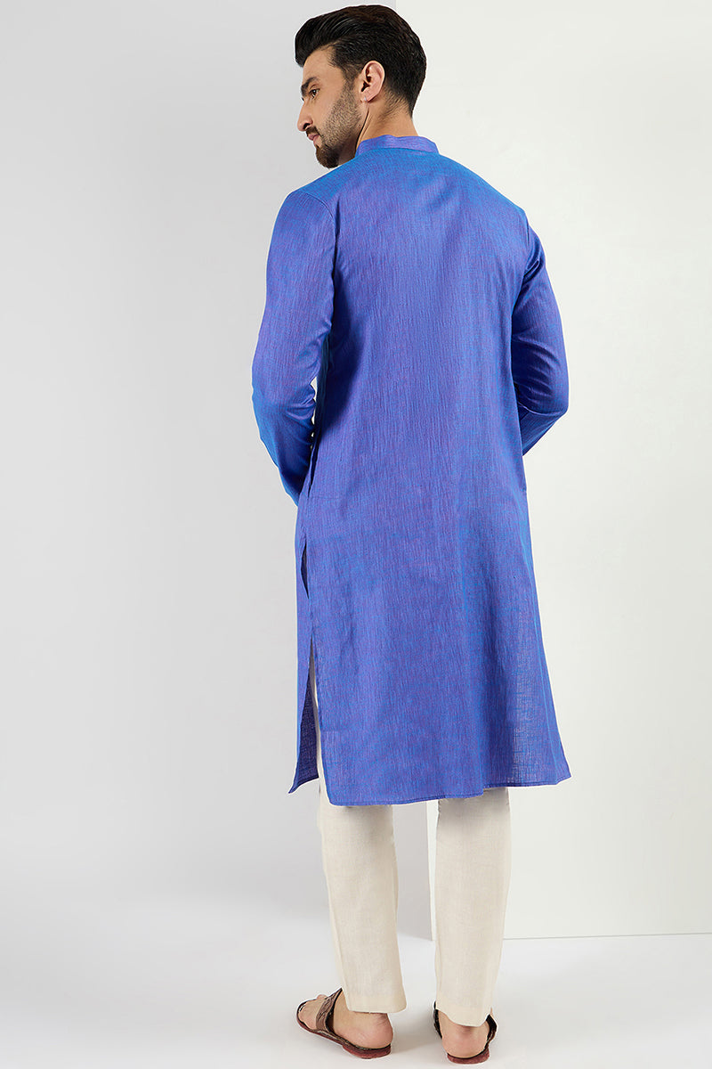 Men Blue Cotton Solid Woven Design Straight Kurta For Men MKU1093
