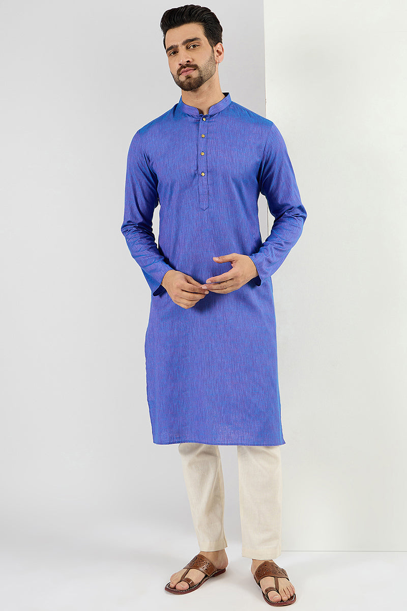 Men Blue Cotton Solid Woven Design Straight Kurta For Men MKU1093