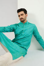 Men Teal Blue Cotton Solid Woven Design Straight Kurta MKU1095