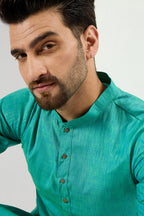 Men Teal Blue Cotton Solid Woven Design Straight Kurta MKU1095