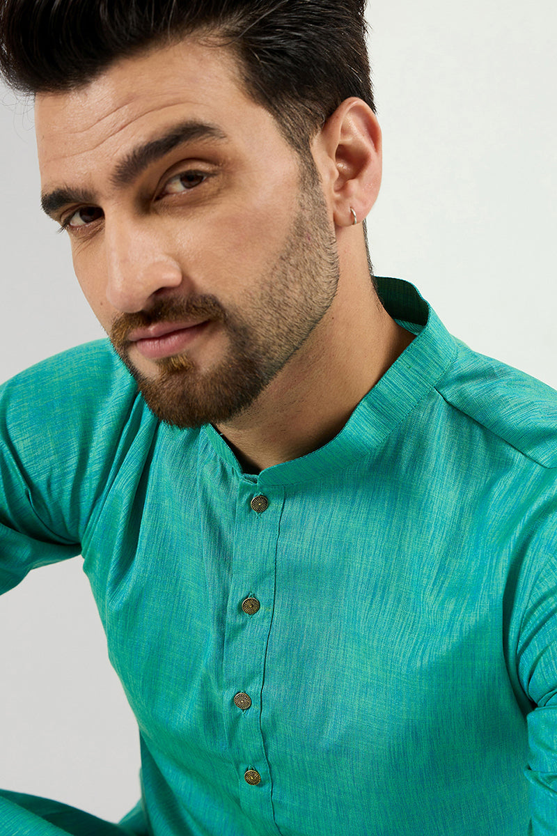 Men Teal Blue Cotton Solid Woven Design Straight Kurta MKU1095