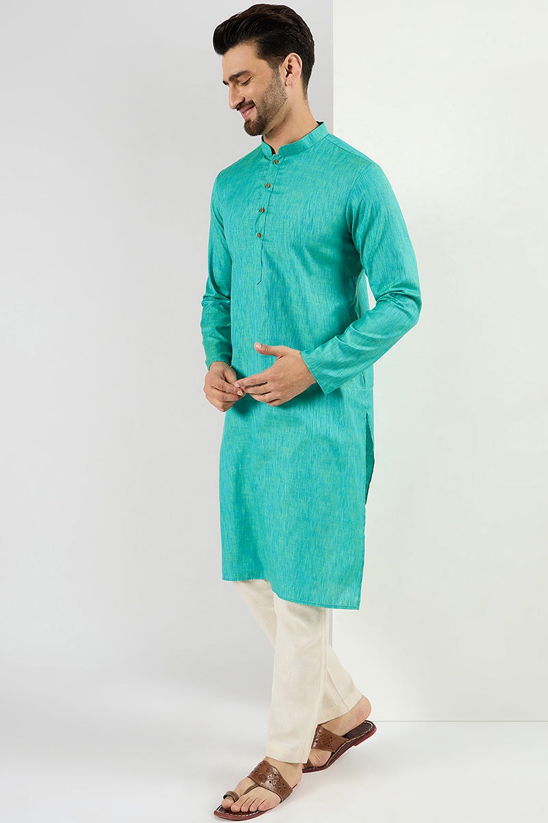 Men Teal Blue Cotton Solid Woven Design Straight Kurta MKU1095