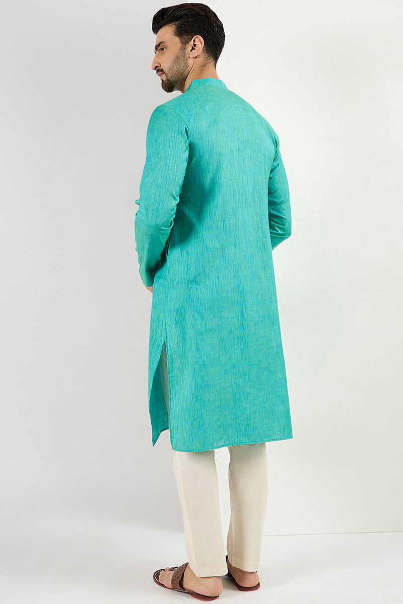Men Teal Blue Cotton Solid Woven Design Straight Kurta MKU1095
