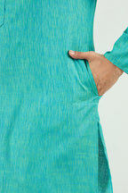 Men Teal Blue Cotton Solid Woven Design Straight Kurta MKU1095